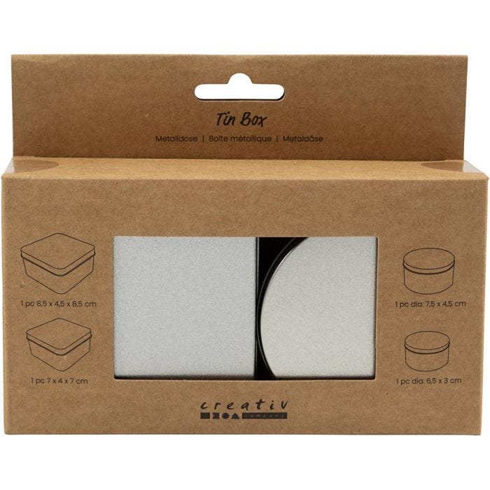 Tin Box, Round and square, H: 3-4,5 cm, dia. 6,5+7,5 cm, size 7x7+8,5x8,5 cm, grey metal, 4 pc/ 1 pack