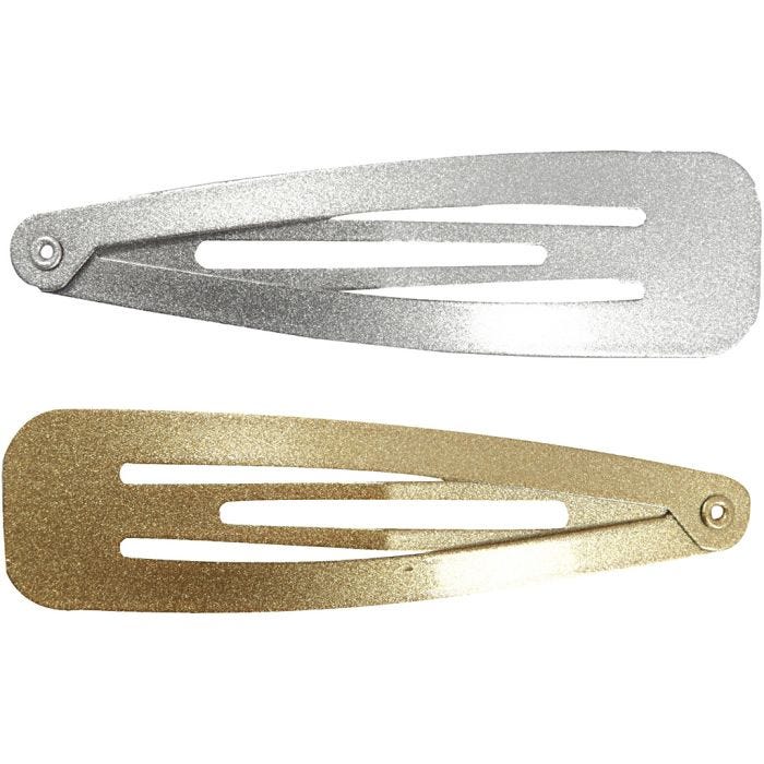 Hair Slide, L: 66 mm, W: 17 mm, gold, silver, 4 pc/ 1 pack