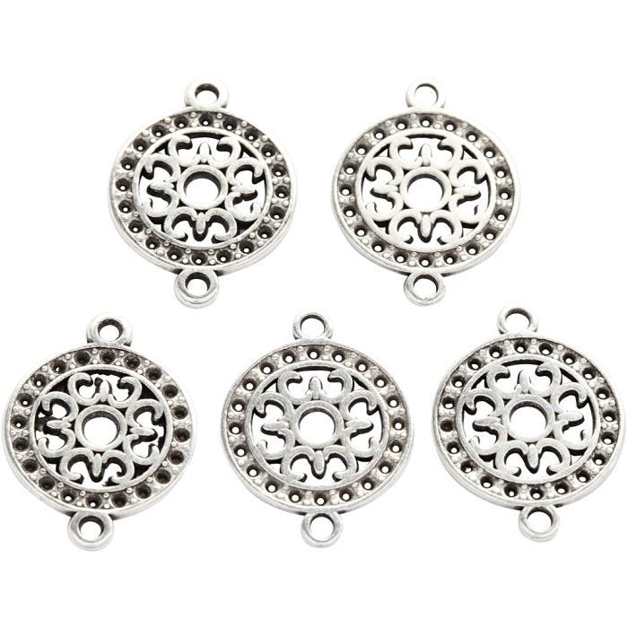 Jewellery Pendant, dia. 14 mm, hole size 1,2 mm, silver-plated, 5 pc/ 1 pack