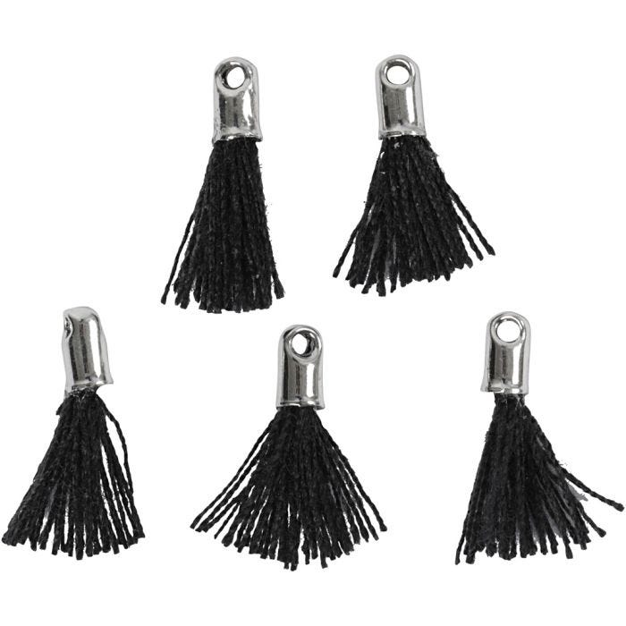 Cotton Tassel, L: 10 mm, hole size 1 mm, black, 5 pc/ 1 pack