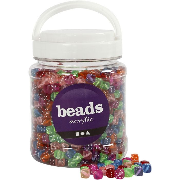 Dice Beads, size 7x7 mm, hole size 1,5 mm, assorted colours, 510 g, 700 ml/ 1 tub
