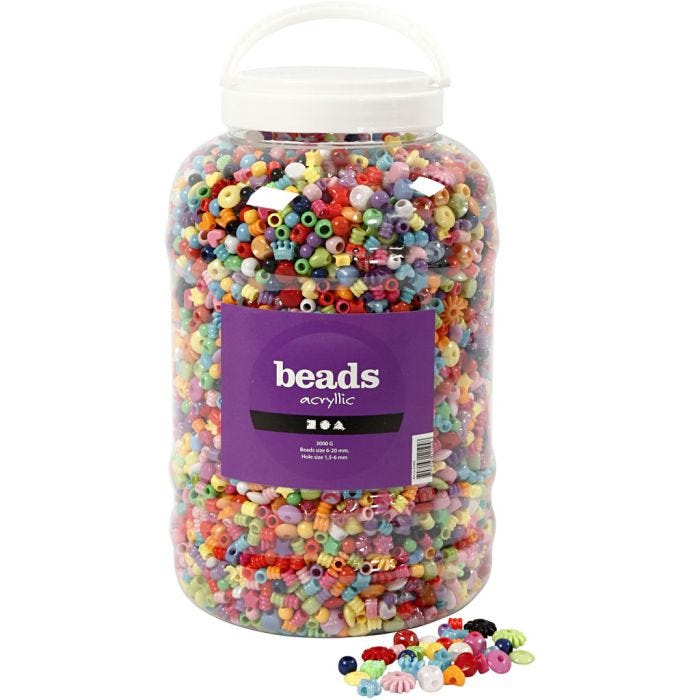 Bucket of Plastic Beads, size 6-20 mm, hole size 1,5-6 mm, 3000 g, 5700ml/ 1 bucket