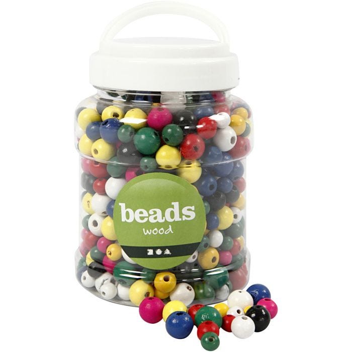 Wooden Beads, dia. 8+10+12 mm, hole size 2-2,5 mm, assorted colours, 175 g, 400ml/ 1 bucket