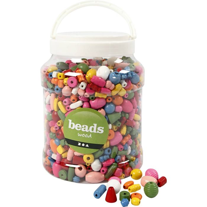 Wooden Beads, dia. 5-28 mm, hole size 2,5-3 mm, assorted colours, 800 g, 2 L/ 1 bucket