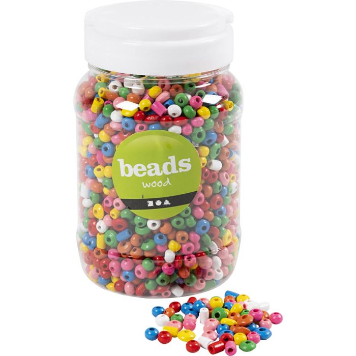 Wooden Beads, dia. 5-8 mm, hole size 1.5 mm, assorted colours, 175 g, 400 ml/ 1 bucket