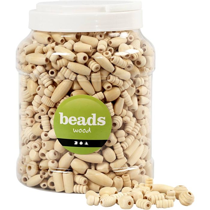 Wooden Beads, raw, dia. 5-28 mm, hole size 2,5-3 mm, 850 g, 2 L/ 1 bucket