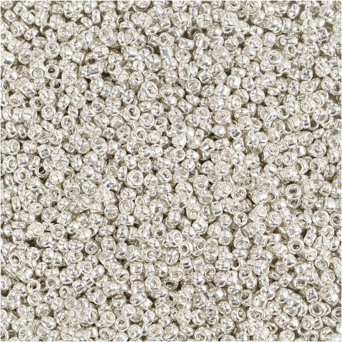 Rocaille Seed Beads, dia. 1,7 mm, size 15/0, hole size 0,5-0,8 mm, silver metal, 25 g/ 1 pack