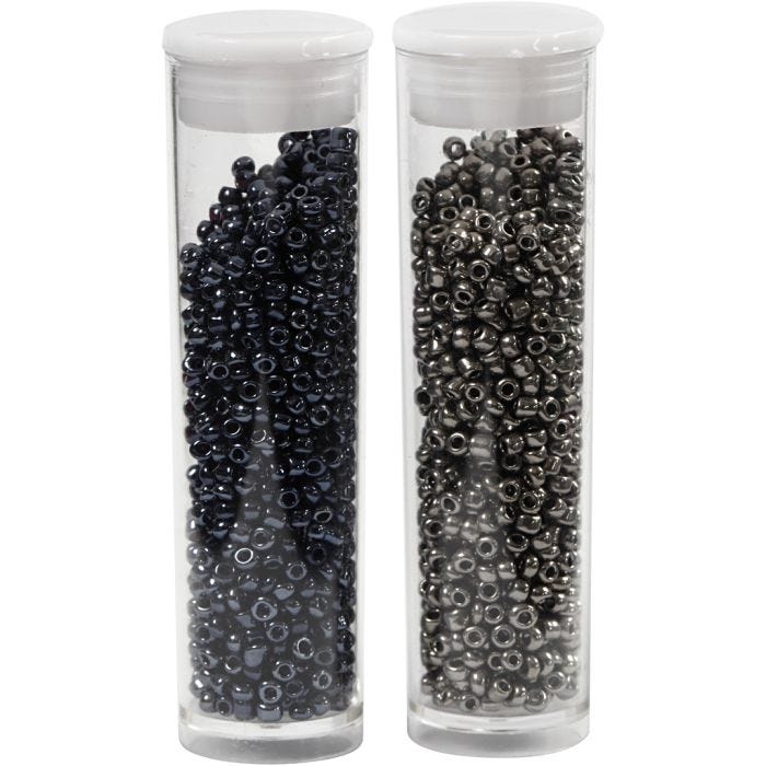 Rocaille Seed Beads, dia. 1,7 mm, size 15/0, hole size 0,5-0,8 mm, black, dark grey metallic, 2x7 g/ 1 pack