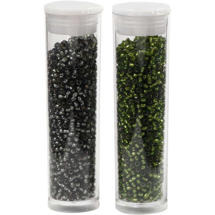 Rocaille Seed Beads, dia. 1,7 mm, size 15/0, hole size 0,5-0,8 mm, grass green, grey green, 2x7 g/ 1 pack