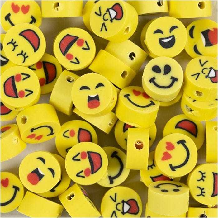 Figure Beads, Emoji, dia. 10 mm, hole size 1,5 mm, 200 pc/ 1 pack