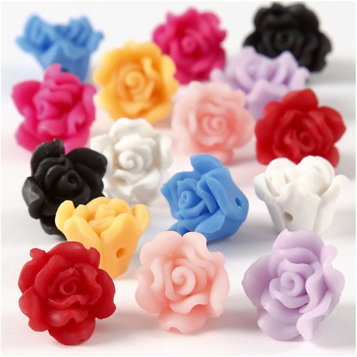 Clay Roses, dia. 16x10 mm, hole size 0,5 mm, assorted colours, 16 asstd./ 1 pack