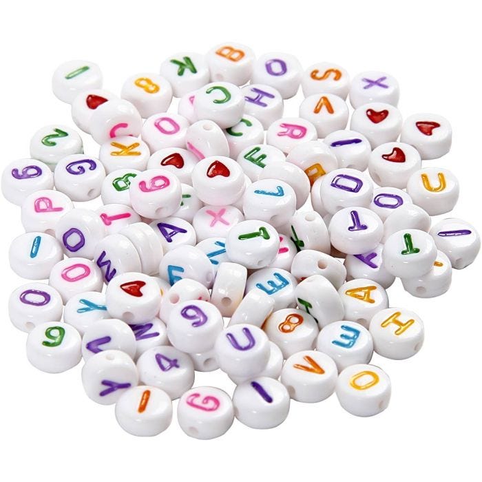 Letter Beads, size 7 mm, hole size 1,2 mm, white, 25 g/ 1 pack