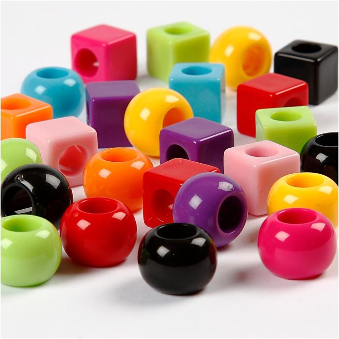 Plastic Beads, size 11 mm, hole size 7 mm, ca. 750 pc, assorted colours, 1000 g, 1700 ml/ 1 pack