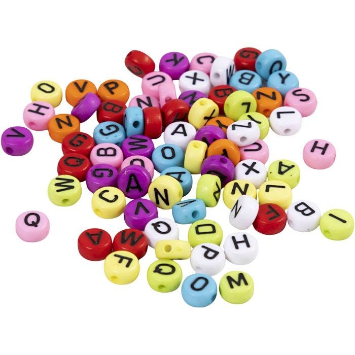 Round letter beads, dia. 7 mm, hole size 1-2 mm, assorted colours, 25 g/ 1 pack