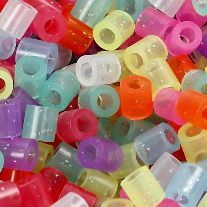 Fuse Beads, size 5x5 mm, hole size 2,5 mm, medium, glitter colours, 20000 pc/ 1 bucket