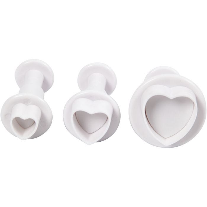 Embossing Cookie Cutters, heart, dia. 2+2,3+3 cm, white, 3 pc/ 1 pack