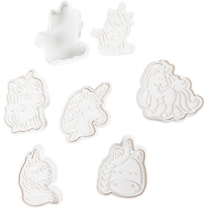 Embossing Cookie Cutters, Unicorn, size 6-7,5 cm, white, 6 pc/ 1 pack