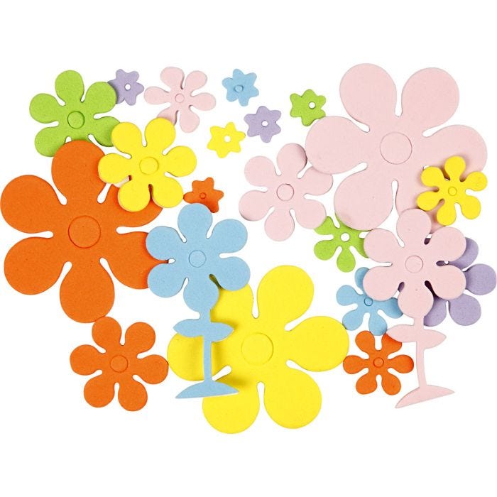 EVA Foam Flowers, 10-60 mm, 2 mm, assorted colours, 100asstd./ 1 pack