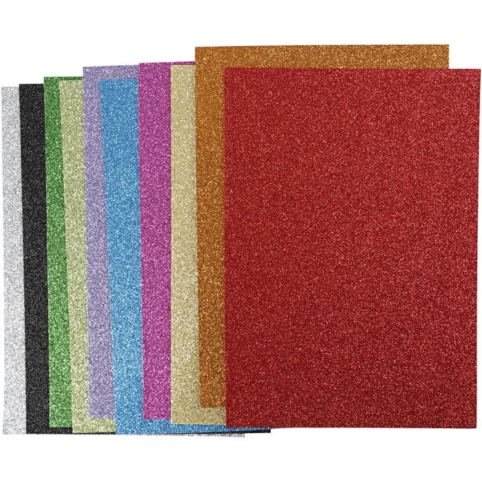 EVA Foam Sheets, A4, sheet 210x297 mm, thickness 2 mm, glitter, assorted colours, 10ass sheets/ 1 pack