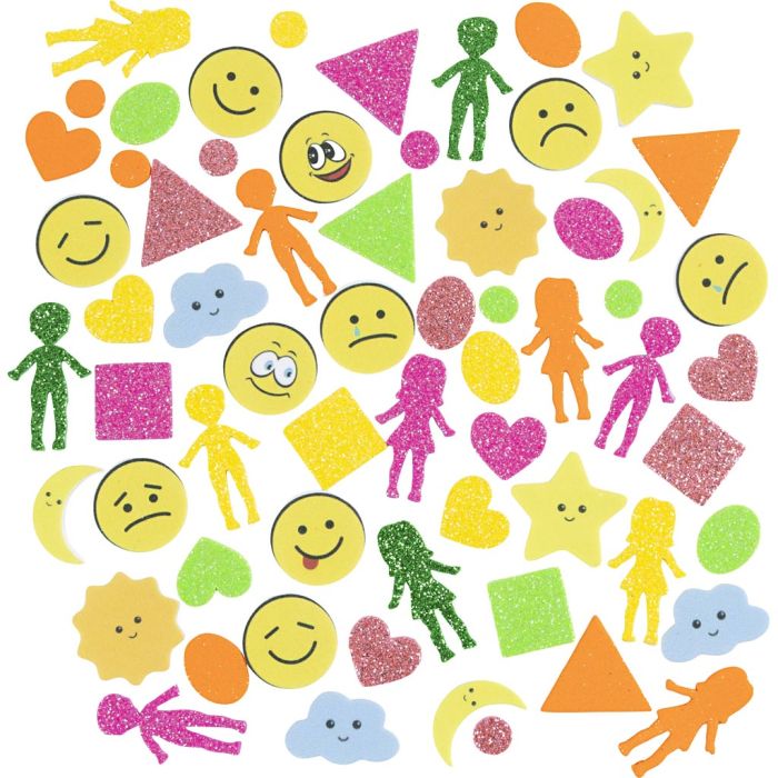 Foam Stickers, Geometry, people, weather, smileys, self-adhesive, size 10-40 mm, colorful, 175 pc/ 1 pack