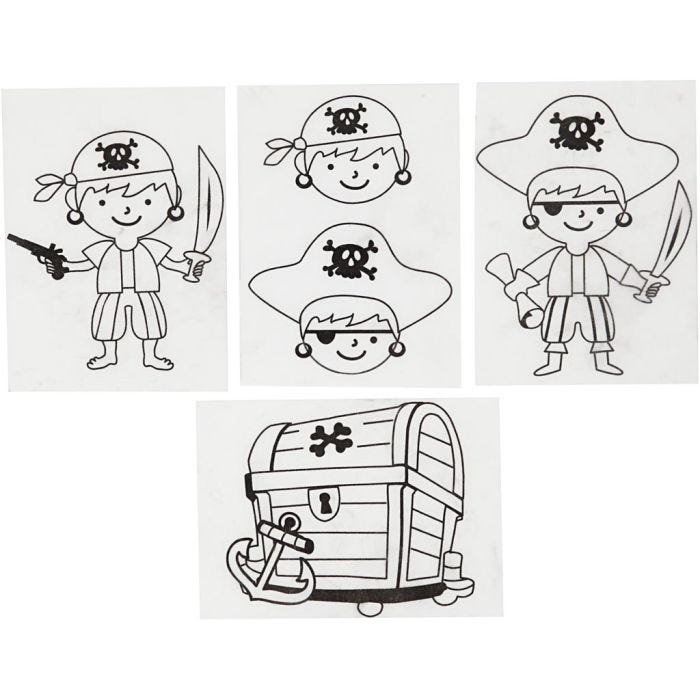 Shrink plastic sheets with motifs, pirates, sheet 10,5x14,5 cm, thickness 0,3 mm, matt transparent, 4sheet/ 1 pack
