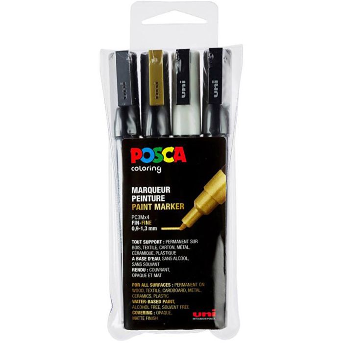 Set of Posca markers, PC-3M, no. PC-3M, black, gold, silver, white, 4 pc/ 1 pack