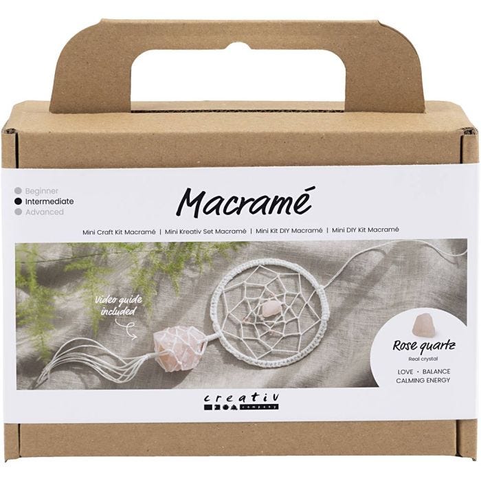 Mini Craft Kit Macramé, Dreamcatcher with rose quartz crystal, light rose, white, 1 pack