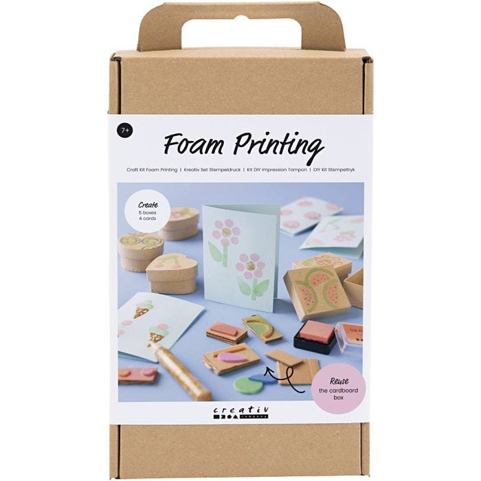 Craft Kit Foam Printing, Decorated boxes and cards, beige, mid-green, mint, clear red, 1 pack