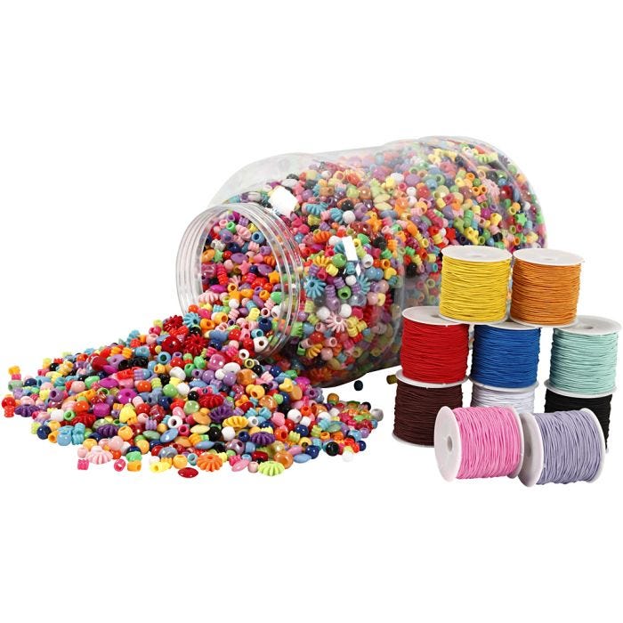 Bucket of Plastic Beads &amp; Elastic Cords, 1 set
