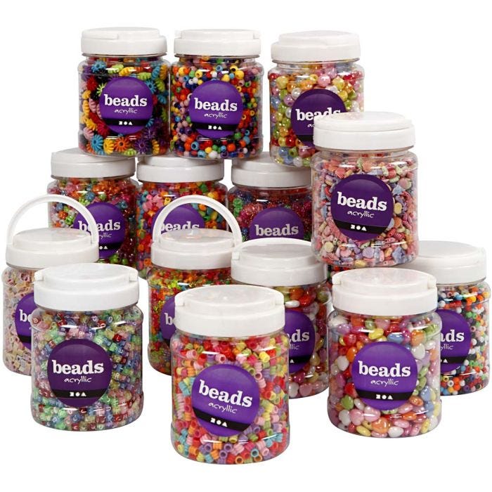 Plastic Beads, size 6-15 mm, hole size 1,5-6 mm, assorted colours, 16x700 ml/ 1 pack