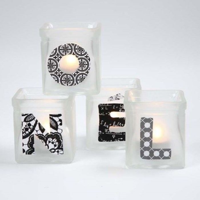 Candle Holders with Frost Effect and Decoupaged Text