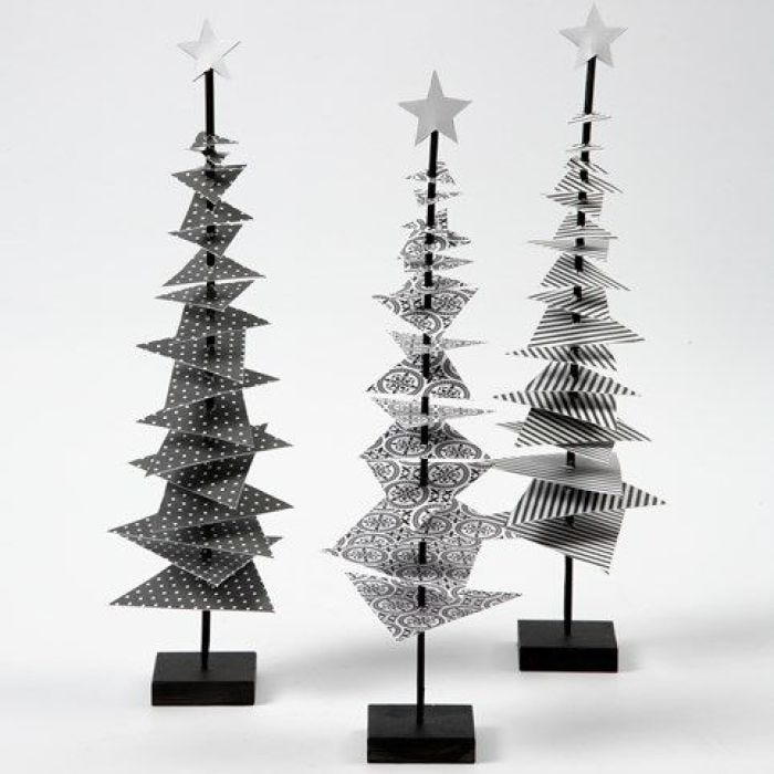 A Christmas Tree made from Design Paper on a Stick with a Stand