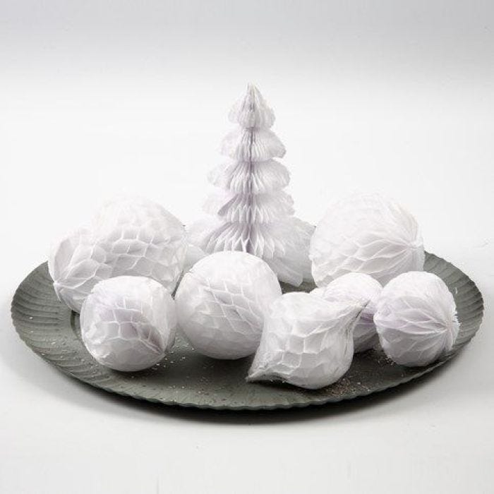 Decorations and Snowballs made from Honeycomb Paper