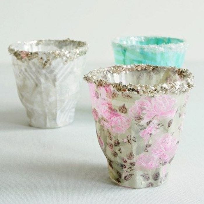 Candle Holders with Skagen Decoupage Paper and Glitter on the Rim