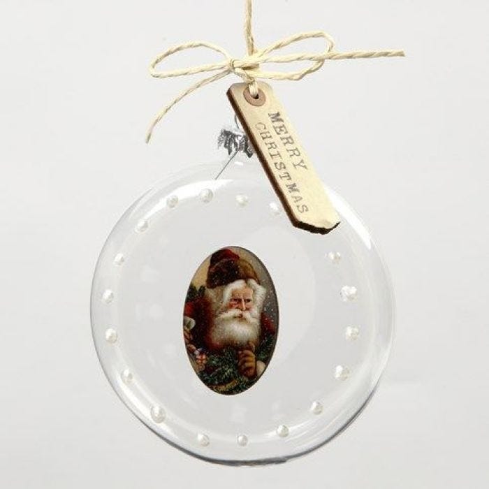 A decorated flat glass Bauble with a Wood Veneer Sticker