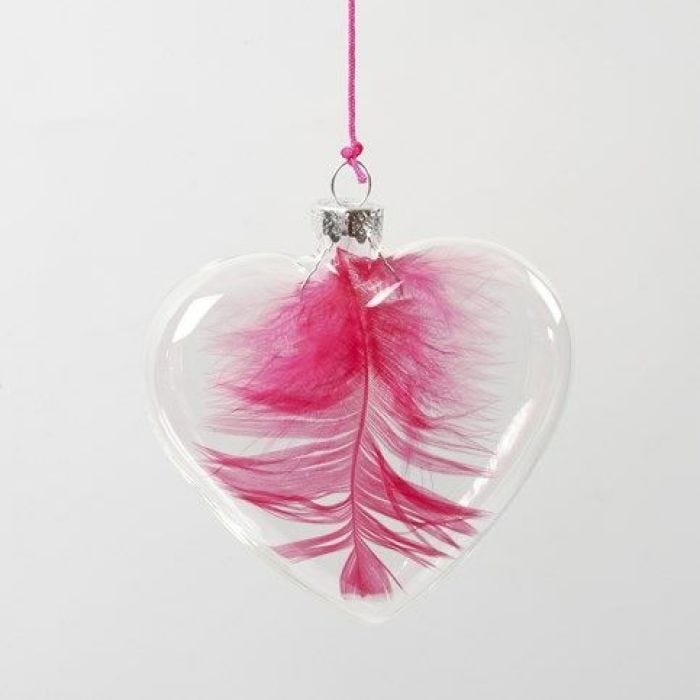 A Feather inside a Glass Heart hanging in a neon-coloured String