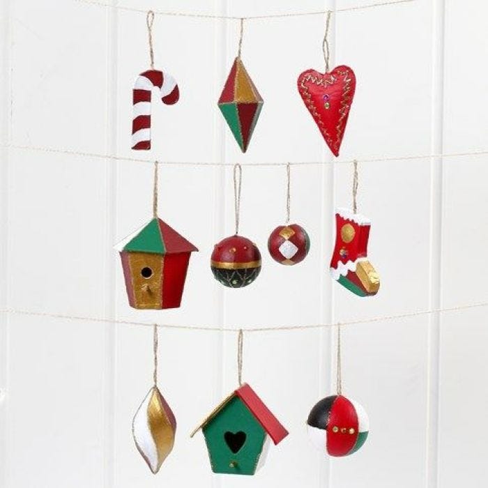 Christmas Papier-Mâché hanging Decorations, painted and decorated