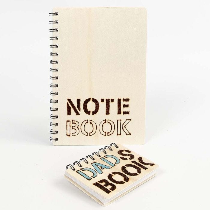 A Note Book with a wooden Cover, decorated with branded Words