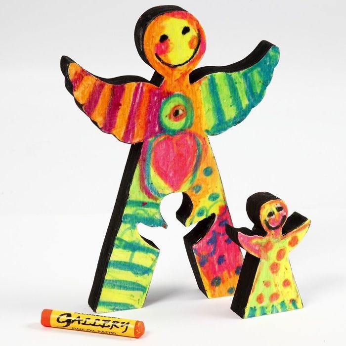 Wooden Angels painted with Oil Pastels, Craft Paint and Lacquer