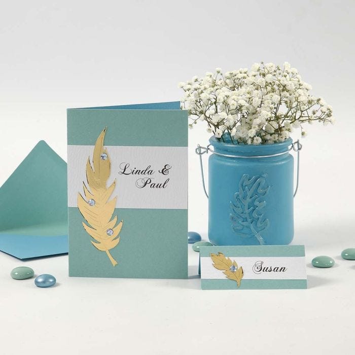 Invitations and Place Cards with Gold Feathers and Rhinestones