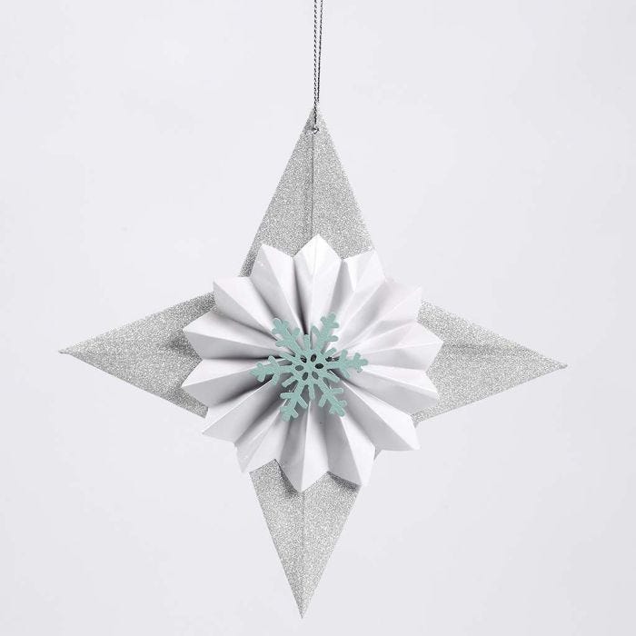 A Glitter Paper Star decorated with a Rosette and a Snowflake