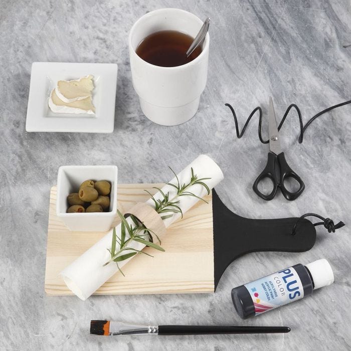 A painted wooden Chopping Board and Napkin Ring