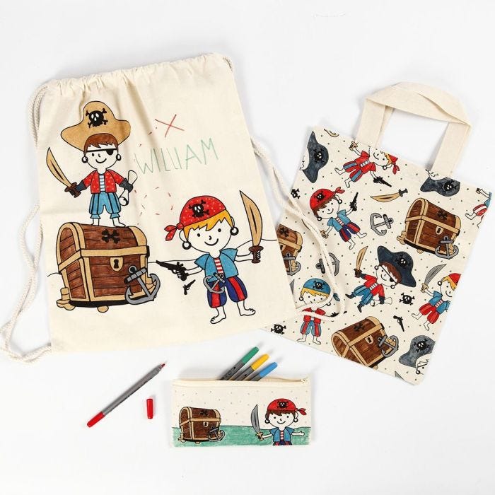 A Pirate Pencil Case, Shopping Bag and Drawstring Bag decorated with Textile Markers