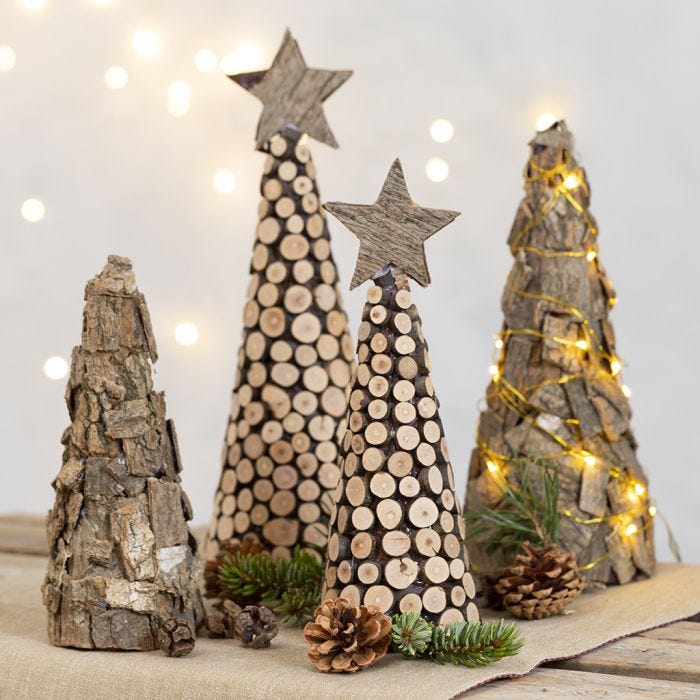 A Christmas Tree from a Polystyrene Cone decorated with Pieces of Bark and wooden Discs