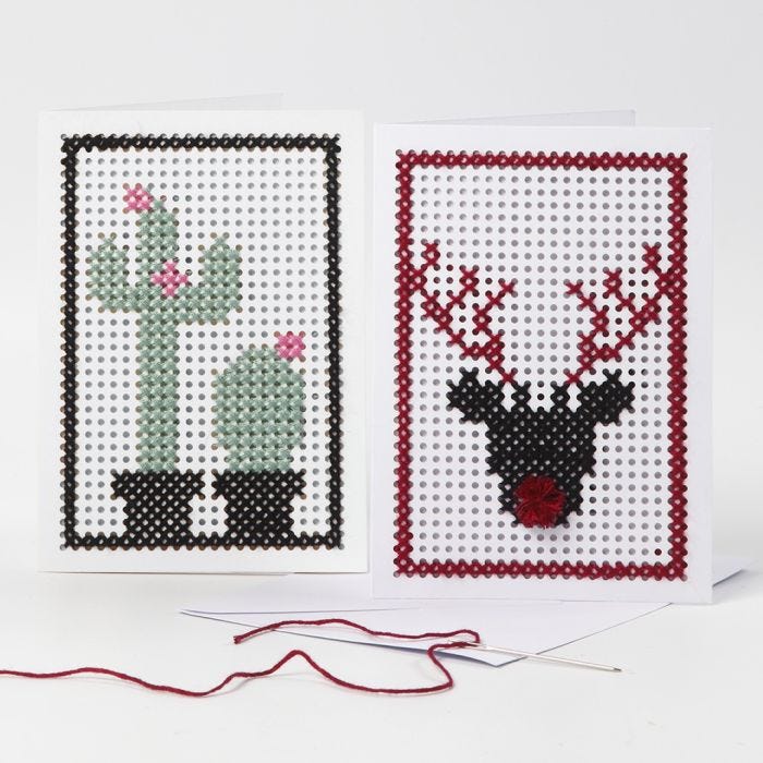 Embroidered Greeting Cards with a Cactus and a Reindeer