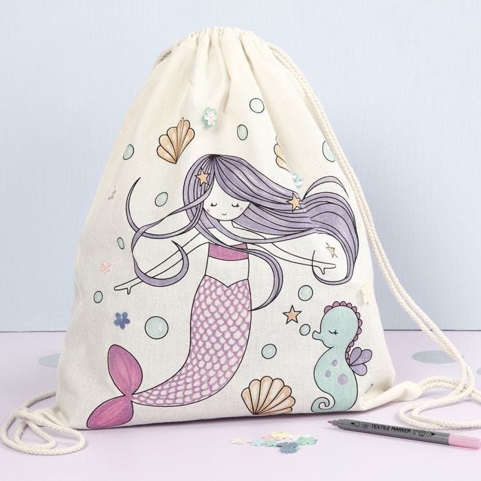 A Drawstring Bag with a pre-printed Mermaid Design decorated with Textile Markers and Sequins