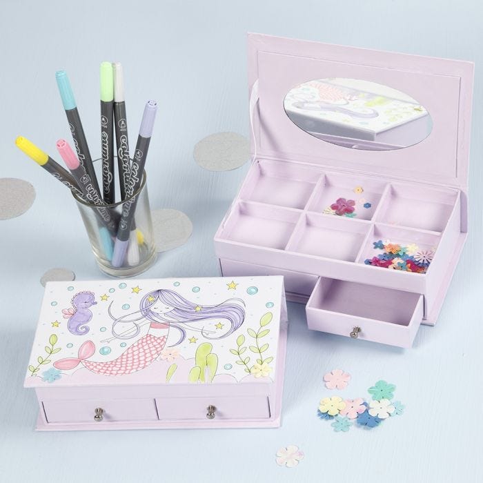 A Jewellery Box with a  Mermaid Design decorated with Markers and Sequins