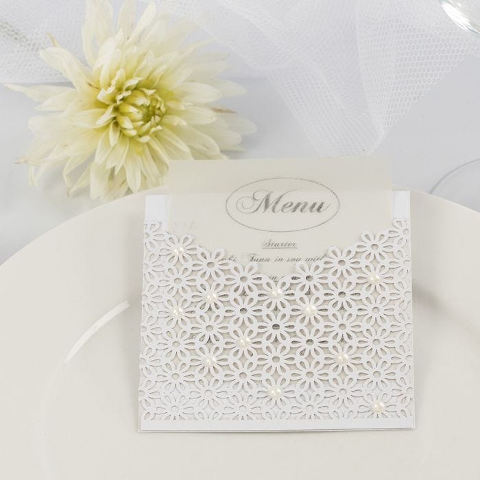 A Wedding Menu Card inside a Pocket made from Card & Lace patterned Card decorated with Half-Pearls