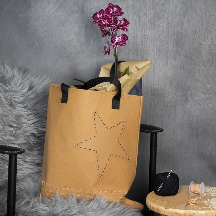 A Faux Leather Paper Bag with an embroidered Edge and a Star