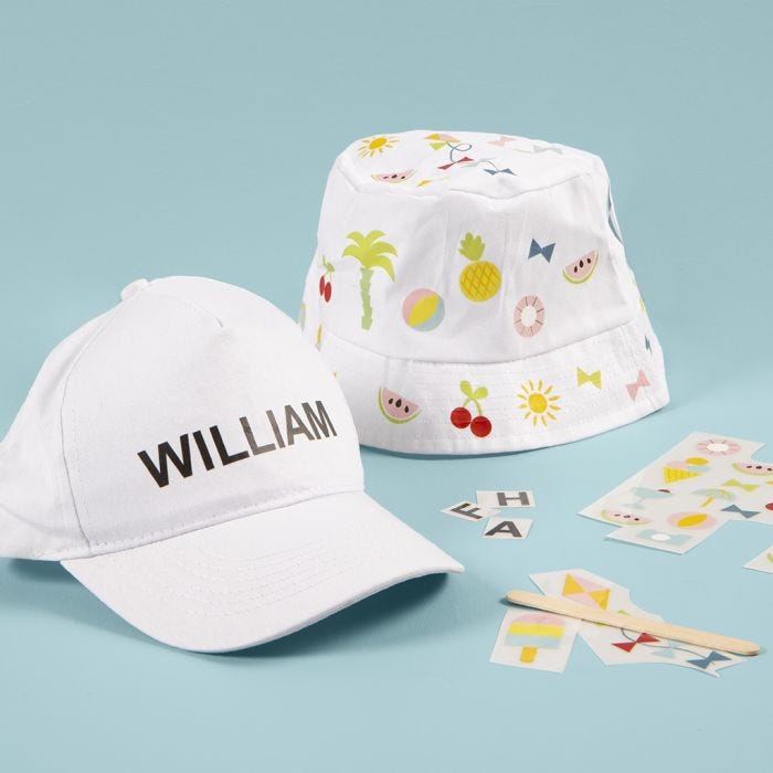 A Bucket Hat and a Cap decorated with Rub-on Stickers